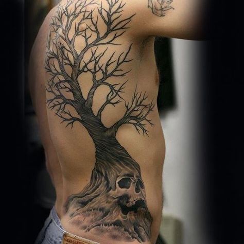 Man With Skull Tree Rib Cage Side And Back Tattoos Tree Of Life Tattoo Ribs, Side Tattoos Men Ribs, Tree On Ribs Tattoo, Tree Back Tattoos, Tattoos Side Rib, Side Rib Tattoo Men, Tree Chest Tattoo, Rib Cage Tattoos For Men, Side Tattoos For Men Ribs