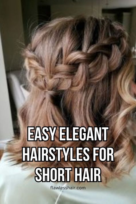 Soft Wave Braided Half Updo Formal Hairstyles For Shorter Hair, Short Wedding Hair Middle Part, Hairstyle For Bridesmaid Short Hair, Bridesmaid Hair For Shoulder Length Hair, Short Hair Updo With Braid, Easy Braid Hairstyles For Short Hair, Bridesmaids Short Hairstyles, Formal Half Up Half Down Hairstyles Short Hair, Wedding Hairstyles For Short Hair Curly Half Up Half Down