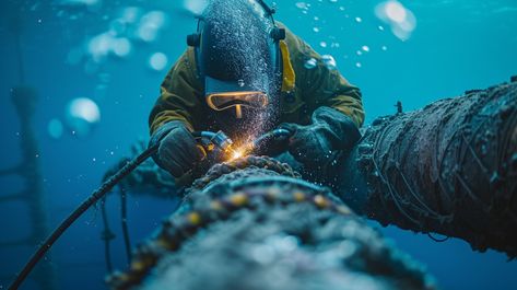 Underwater Welding Operation: A skilled #diver performs precise #underwater welding on a submerged #pipeline in a deep blue #ocean. #aiart #aiphoto #stockcake ⬇️ Download and 📝 Prompt 👉 https://stockcake.com/i/underwater-welding-operation_257253_50475 Underwater Welding, Underwater Welder, Deep Blue Ocean, Arc Welding, Deep Blue Sea, Diver, Blue Sea, Blue Ocean, Deep Blue