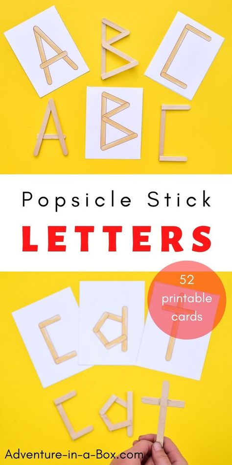 Challenge children to build popsicle stick letters, while using these printable cards for inspiration! #homeschool #homeschooling #preschool #alphabet #popsiclesticks #printables #kindergarten #letters #alphabet #writing #reading #cvcwords Popsicle Alphabet Letters, Abc Popsicle Sticks, Build The Letter Popsicle Sticks, Popsicle Letters, Popsicle Stick Letters, Morning Baskets, Abc Countdown, Stick Letters, Playdough To Plato