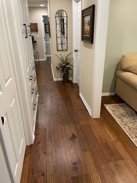 Dark Rustic Wood Floors, Wood Floors With Red Brick Fireplace, Varying Width Wood Floor, Walnut Floor Paint Colors, Wood Bedroom Flooring, Dark Natural Wood Floors, Pairing Wood Floors With Wood Cabinets, Wood Flooring 2023, Faux Hardwood Flooring