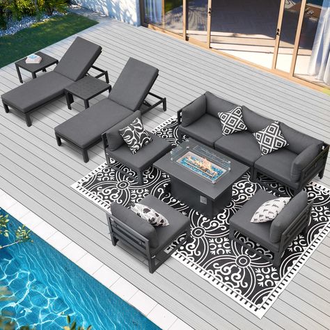 PRICES MAY VARY. 🌈【All-Aluminum Luxury Material】 Crafted to be premium, modern, and luxurious, our RADIATA aluminum patio furniture features a suite with a fire pit table. Constructed with aluminum and finished with a 1.2mm powder-coating technique, our sofa set assures robustness, durability, and resistance to rust. With a weight capacity of up to 500 lbs compared to the standard 350 lbs, our sofas offer superior support. The sturdy aluminum frame coupled with the exquisite powder-coating text Pool Deck Furniture, Luxury Sofa Set, Chaise Lounge Outdoor, Deck Furniture Layout, Outdoor Luxury, Aluminum Patio Furniture, Backyard Seating, Patio Fire Pit, Scandi Home