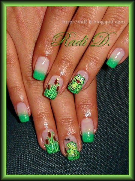 Cute Frog Nail Designs, Froggie Nails, Frog Nails Designs, Froggy Nails, Frog Nail Art, Flashy Nails, Frog Nails, Toadally Awesome, Animal Nail Designs