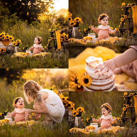 Sunflowers. Cake smash and splash. First Birthday Smash Cake Photoshoot Outside, Bee First Birthday Photoshoot, One Year Old Sunflower Photoshoot, Sunflower First Birthday Photoshoot, Bee Cake Smash Photoshoot, Cake Smash And Splash, Cake Smash Photography Outdoor, Diy Smash Cake Photoshoot Outdoor, Family Cake Smash