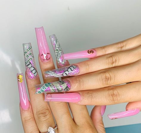 Pink Money Nails, Light Pink Acrylic Nails, Pink Money, Nails After Acrylics, Ombre Gel Nails, Money Nails, 100 Bill, Coffin Nails Matte, Tapered Square Nails