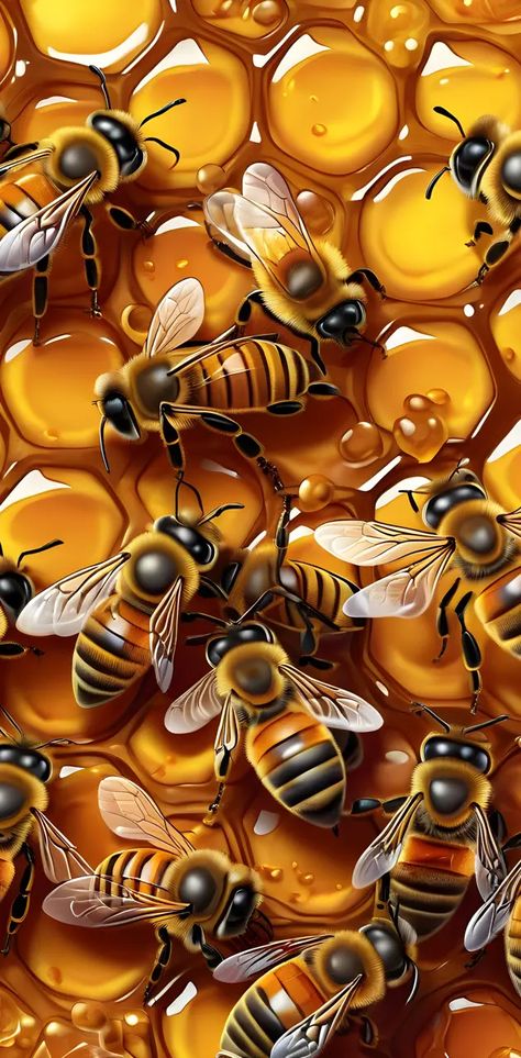 Yellow Bee Wallpaper, Bee Illustration Cute, Honeycomb Aesthetic, Honey Bee Pictures, Bee Pictures Art, Bumble Bee Nails, Honey Bee Photos, Bee Wallpaper, Honeycomb Wallpaper