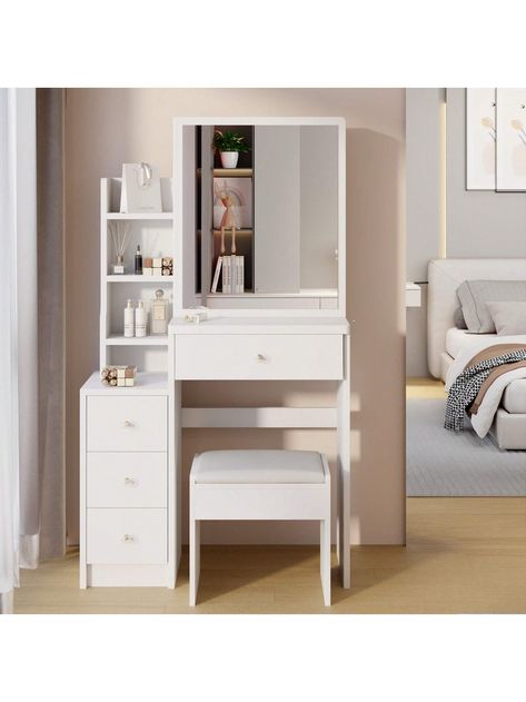 Place of Origin:Viet Nam Main Color:White Main Material:MDF Product Style:American Design Wood Tone:White   [Designed specifically for small spaces]: This dressing table is designed specifically for small bedrooms. It won't take up too much space, but it can keep all your cosmetics organized. Because it is specifically designed for small spaces, the size cannot be very large. Adults over 5.6 feet tall must carefully choose. Customers who need a larger size dressing table should first check the size to determine if it fits you. [Provide assembly video and instructions]: This dressing table contains approximately 40 wooden boards, some of which are not suitable for labeling. However, we provide detailed explanations, including real photos of each board. Before installation, please find a mar Wood Dressing Table Design, Narrow Vanity, Wood Dressing Table, Cabinet Vanity, Sliding Mirror, Dressing Table Design, Small Bedrooms, Wooden Boards, Design Wood