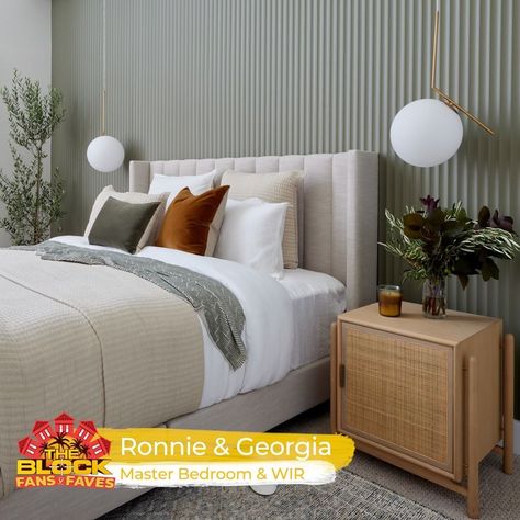 The Block on Instagram: “Talk about a huge Reveal! We're loving @ronnieandgeorgia's Master Bedroom and WIR 😍 #TheBlock” Blush Boho Bedroom, Dulux Bedroom Colours, Sage Green Bedroom Aesthetic, Boho Sage Green Bedroom, Ronnie And Georgia, Cream Bedroom Decor, Green Curtains Bedroom, Sage Green Bedroom Ideas, Green Bedroom Aesthetic