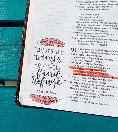 Psalms 91 4, Bible Highlighting, Journal Bible Quotes, Bible Journal Notebooks, Bible Journaling Ideas Drawings, Under His Wings, Bible Doodling, Bible Journal Notes, Niv Bible