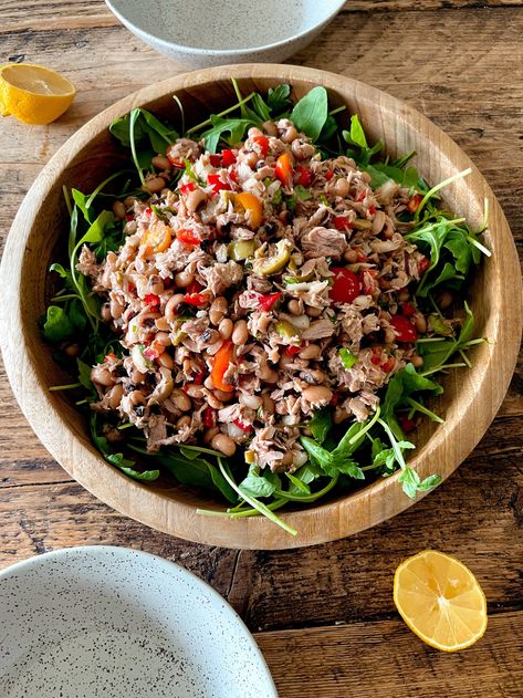 Portuguese tuna and black eyed pea salad — the modern mrs. Black Eye Pea Salad, Portimao Portugal, Black Eyed Pea Salad, Lunch Club, Black Eyed Pea, Turkey Meatloaf, Pea Salad, Cracked Pepper, Green Olives