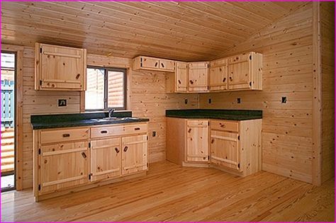 Small Log Cabin Kitchens, Zook Cabins, Small Cabin Kitchens, Small Rustic Cabin, Rustic Cabin Kitchen, Log Cabin Kitchens, Pine Kitchen Cabinets, Cabin Houses, Small Cabin Interiors