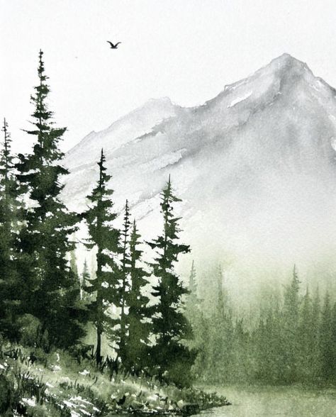 Watercolor Landscape Paintings Mountains, Montana Painting Ideas, Mountain Scene Watercolor, Alaska Watercolor Painting, Mountain Trees Painting, Watercolor Mountain Painting, Winter Mountains Painting, Advanced Watercolor Paintings, Watercolour Mountains Landscapes