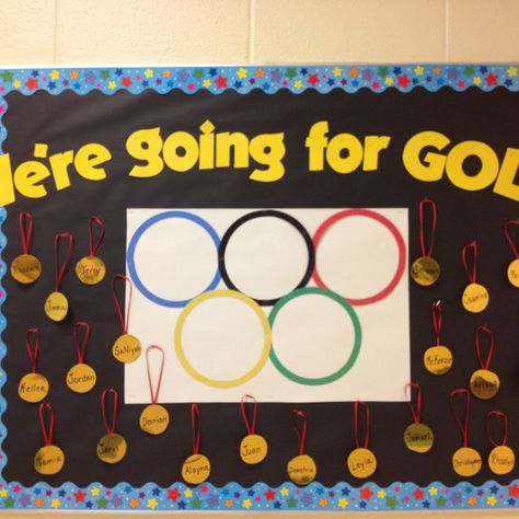 Olympics bulletin board Olympic Bulletin Board Ideas, Olympic Bulletin Board, Preschool Olympics, Olympic Idea, Olympic Crafts, Sports Theme Classroom, Olympics Activities, Olympic Theme, Back To School Bulletin Boards