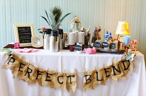 coffee bar wedding perfect blend banner via 7 Things Every Wedding Coffee Bar Needs to Have Bar Decoration Ideas, Blended Wedding, Decoration Ideas For Wedding, Coffee Event, Coffee Bar Wedding, Coffee Birthday, Bar Wedding Reception, Wedding Coffee, Coffee Bar Ideas