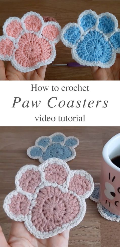 Crochet Paw Coaster - Learn to crochet this unique coaster that is in the shape of a cute animal paw! Watch the video tutorial to learn making this adorable crochet paw coaster. Angel Hair Yarn Crochet Patterns, Crochet Tiger Paw Pattern Free, Bear Paw Crochet Pattern, Paw Print Coasters Crochet Pattern, Crochet Small Paw Print Pattern Free, Crochet Puff Stitch Coaster, Crochet Paw Coasters Free Pattern, Crochet Dog Paw Print Free Pattern, Dog Coaster Crochet Pattern