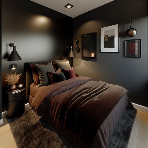 bedroom ideas for small rooms dark Tiny Dark Bedroom, Dark Small Bedroom, Dark Bedroom Ideas, Airbnb Room, Black Walls Bedroom, Moody Lighting, Moody Bedroom, Dark Bedroom, Brown Bedroom