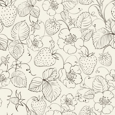 Printable Flower Pattern, Strawberries And Flowers, Strawberry Background, Wallpaper Seamless, Strawberry Flower, Background Drawing, Flower Pattern Design, Floral Drawing, Mini Drawings