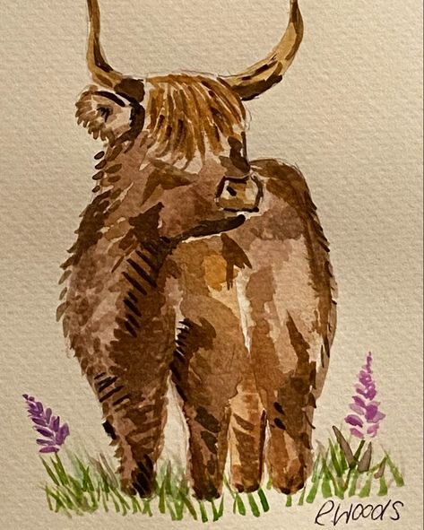 Watercolour Fluffy Cow Watercolor, Watercolour Cow Easy, Highland Cow Watercolour Easy, Painting Watercolour Ideas, Easy Art Watercolor, Cute Highland Cow Cartoon, Highland Cow Watercolour Paintings, Rustic Watercolor Painting, Watercolour Paint Ideas