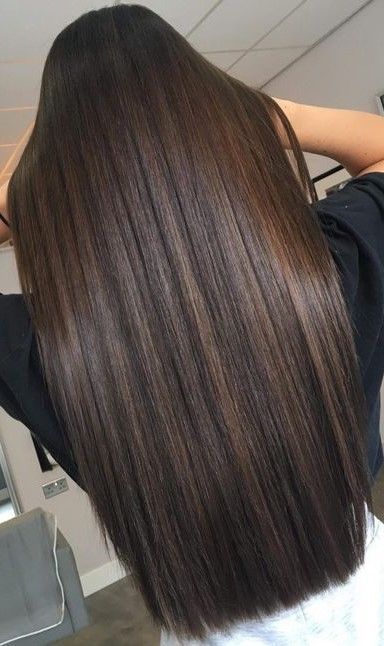 Black Hair With Caramel Highlights Straight, Dark Caramel Highlights On Dark Hair, Brown Highlights On Black Hair Straight, Dark Brown Babylights, Straight Brown Hair With Lowlights, Brunette Hair Highlights, Light Black Hair, Straight Hair Highlights, Long Hair Highlights