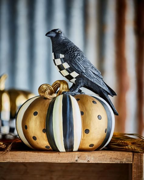 MacKenzie-Childs Courtly Check Crow on Pumpkin Mackenzie Childs Diy, Polka Dot Pumpkin, Mackenzie Childs Inspired, Mckenzie And Childs, Courtly Check, Halloween Crafts Decorations, Pumpkin Art, Fall Halloween Decor, Deco Floral