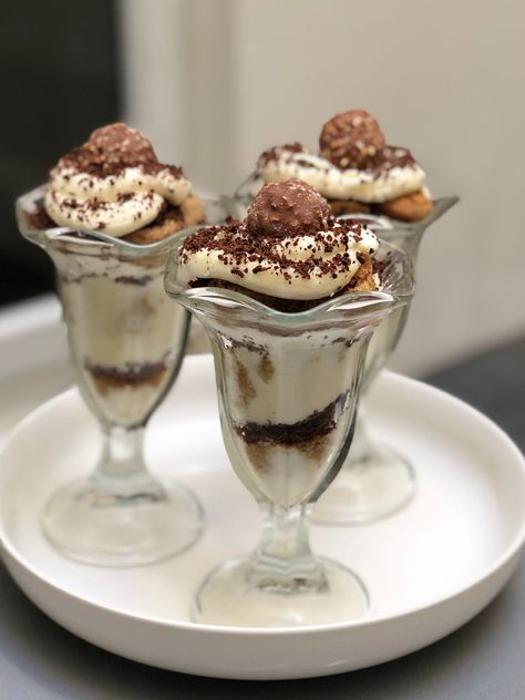 Ferrero Rocher Tiramisu — Karen Eats Ferrero Rocher Trifle, Recipes With Ferrero Rocher, Ferrero Rocher Dessert, Ferrero Rocher Chocolates, Baking 101, Mascarpone Cheese, Ferrero Rocher, Dessert Cups, Heavy Whipping Cream