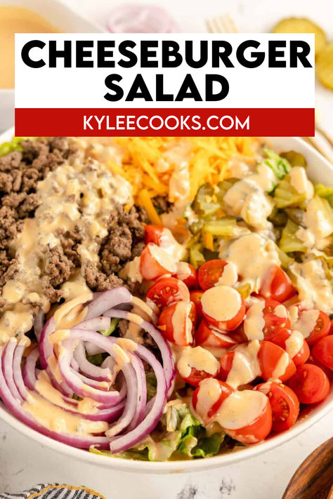 An image of Homemade Cheeseburger Salad in a white bowl Hamburger Salad Recipes, Big Mac Salad Recipe, Hamburger Salad, Cheeseburger Salad Recipe, Mac Salad Recipe, Cheeseburger Salad, Homemade Cheeseburgers, Smash Burger Recipe, Big Mac Salad