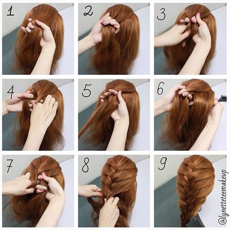 French Braid step by step  1. Take a section of hair 2. Divide into three parts 3. Cross the left section over the middle and hold 4. Cross the right strand over the middle and stop 5. Take a slide of hair from the left, add it into this piece 6. Take a slide of hair from the right 7. Add it into the right section and crossed over 8. Repeat these steps until the desired length you want 9. Finished French Braids Tutorial, Braids Step By Step, Different Braids, Plaits Hairstyles, American Hairstyles, French Braid Hairstyles, Types Of Braids, Hair Things, Step By Step Hairstyles