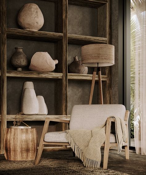 Deeply Rustic Interiors Meet Boho & Nomadic Melds Wabi Sabi Retail Store, Wabi Sabi Moodboard, Wabi Sabi Office, Wabi Sabi Interior Living Rooms, Wabi Sabi Style Interiors, Living Room Wabi Sabi, Wabi Sabi Furniture, Driftwood Decoration, Wabi Sabi Home