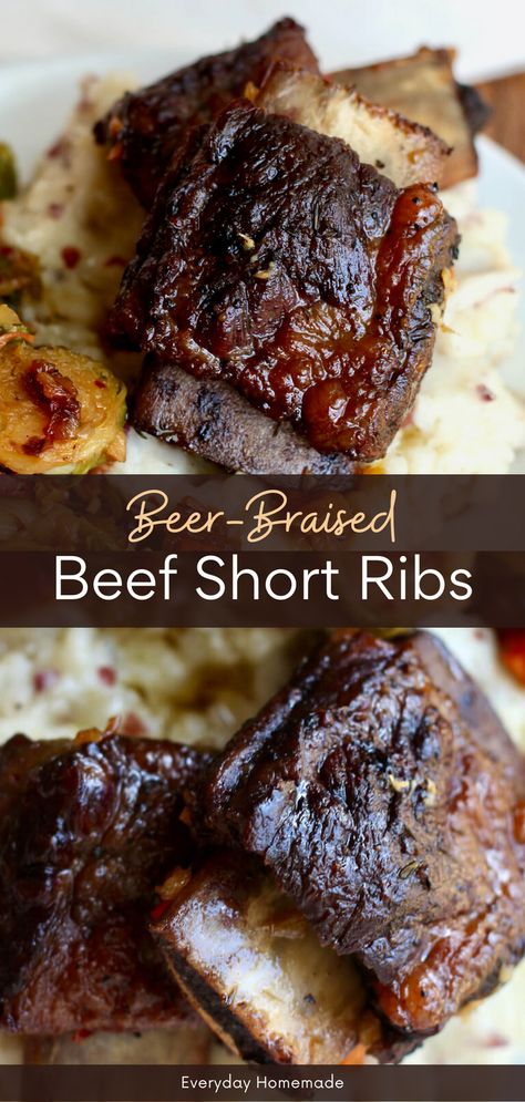 Try this easy Beer-Braised Beef Short Ribs recipe! Using a Dutch oven, let the beef slow cook to perfection until tender and moist. These succulent short ribs fall off the bone, making them perfect for a relaxed date night or any cozy dinner at home. Enjoy the rich beer gravy that adds a touch of comfort to every bite! Braised Beef Short Ribs Joanna Gaines, Boneless Short Ribs Recipe Dutch Oven, Beer Short Ribs Recipe, Short Ribs Recipe Dutch Oven, Short Ribs Recipe Stove Top, Beef Short Ribs Dutch Oven, Beef Short Rib Recipes Oven, Short Ribs Dutch Oven, Crockpot Short Ribs