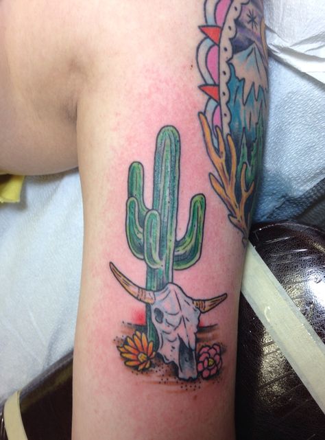 Western tattoo with cactus and cattle skull. For my dad Cactus And Bull Skull Tattoo, Cactus And Skull Tattoo, Skull With Cactus Tattoo, Cattle Skull Tattoo, Cow Skull Tattoos, Pinterest Tattoo Ideas, Western Tattoo, Bull Skull Tattoos, Cattle Skull