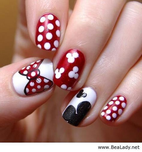 Minnie Mouse Disney Nails: For Minnie Mouse fans of all ages. Nails Art Red, Nail Vibes, Polka Dot Nail Designs, Mickey Mouse Nails, Minnie Mouse Nails, Dot Nail Designs, Mickey Nails, Classy Nail Art, Unghie Nail Art