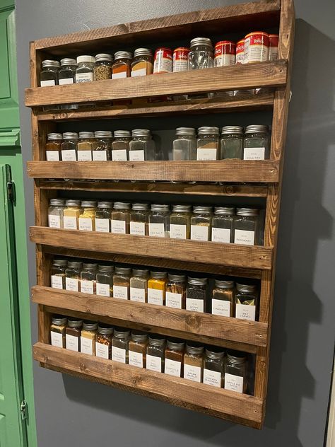 Wall Display Spice Rack - Etsy Australia Farmhouse Spice Rack Ideas, Wall Spice Rack Ideas Diy, Food Storage Rooms, Wide Shelves, Wall Spice Rack, Countertop Spice Rack, Hanging Spice Rack, Wall Mounted Spice Rack, Wood Spice Rack