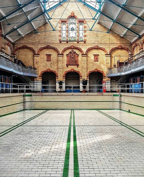 Victoria Baths: Males 1st Class Pool | Manchester, England | Designed by Henry Price & opened 1906 | Built w 3 swimming pools: Males 1st class, Males 2nd class & Female + Turkish Baths, wash baths & a wash-house | Baths closed in 1993 for restoration, but now open for tours Victoria Baths Manchester, Thinking Chair, Visit Manchester, Wire Crown, Manchester Travel, Swimming Bath, Mighty Mouse, Michael Collins, Beach Yoga