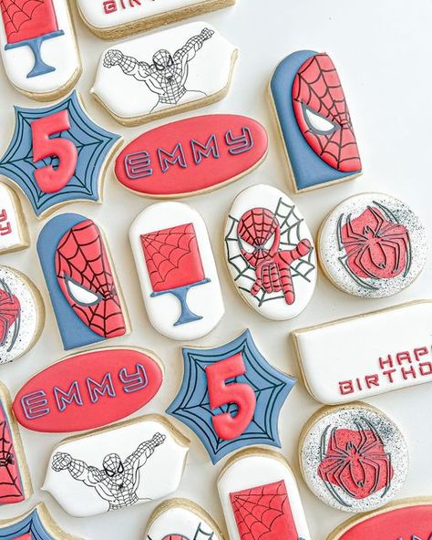 Spiderman Birthday Cookies, Spider Man Cookies Decorated, Spider-man Cookies, Spiderman Cookies Decorated, Spidey And His Amazing Friends Cookies, Spiderman Sugar Cookies, Spider Man Cookies, Spiderman Birthday Party Food, Spidey Party