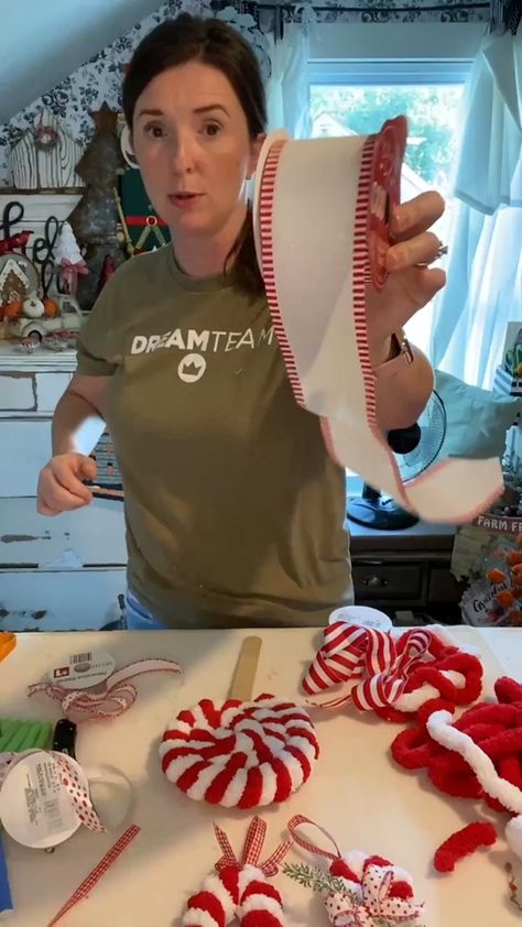 Candy Cane Tree Topper Diy, Diy Fake Ribbon Candy, Candy Cane Costume Diy, Dollar Tree Candy Cane Wreath Form, Candy Cane Ornaments Diy, Candy Cane Theme Decorations, Diy Candy Cane Ornaments, Diy Candy Canes, Gingerbread Candyland