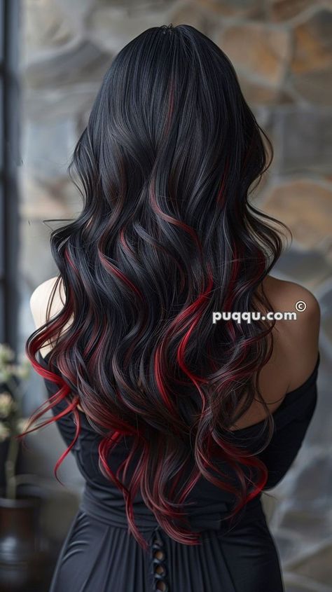 Black Hair With Red, Hair With Red Highlights, Black Hair With Red Highlights, Edgy Vibes, Black Red Hair, Trendy Bob Hairstyles, Dip Dye Hair, Black Hair With Highlights, Red Highlights