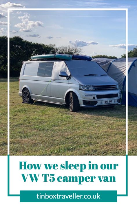 Wondering how you sleep a family of four and a dog in a VW T5 camper van? Here's how we do it - come and have a nose #VW #T5 #camper #van #vanlife #travel #TinBoxTraveller #camping #campervan #travelblog #vanlifers Vw Campervan Interior T5 Camper Storage Ideas, T5 Camper Conversion, Vw Transporter Conversion, Campervan Hacks, Vw Transporter Conversions, Vw Transporter Campervan, Vw T5 Campervan, Vw Transporter Camper, Vw T5 Camper