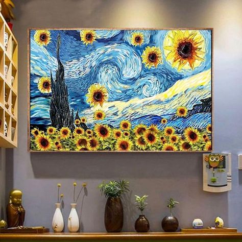 Starry Night And Sunflowers, Sunflower Van Gogh, A Field Of Sunflowers, Three Paintings, Turtle Wallpaper, Starry Night Art, Trending Tees, Watercolor Art Journal, Arte Van Gogh