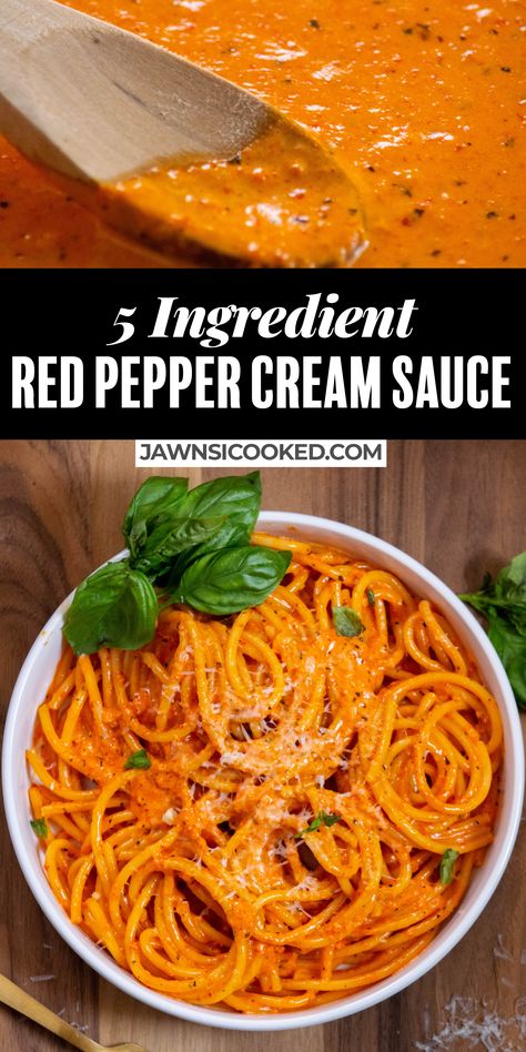 Roasted Garlic And Red Pepper Fettuccine Alfredo, Italian Red Pepper Recipes, Red Pepper Pasta Sauce Recipes, Pasta Creamy Red Sauce, Cream Red Sauce Pasta, Non Red Pasta Sauce, Noodles And Red Sauce Recipes, Saucy Food Recipes, Dinner Ideas Pasta Red Sauce