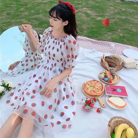 f670ef5d2d6bdf8f29450a970494dd64desc50815760ri Strawberry Girl Aesthetic Outfit, Cute Soft Girl Outfits, Strawberry Fashion, Strawberry Clothes, Picnic Outfit Summer, Fairycore Princess, Strawberry Girl, Strawberry Dress, Mori Girl Fashion