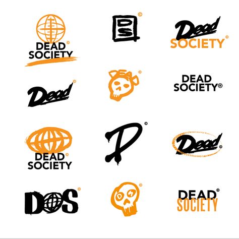 Orange and black streetwear logos in a rough grungy aesthetic Grunge Logos Aesthetic, Grunge Logo Design Inspiration, Punk Branding Design, Streetwear Brand Logo Ideas, Streetwear Brand Identity, Grunge Branding, Skate Branding, Streetwear Logo Ideas, Urban Style Logo