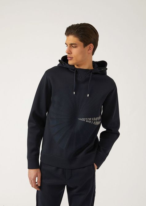 Sweatshirt with hood and front sunburst embroidery | Man | Emporio Armani Sunburst Embroidery, Armani Polo, Armani Sweatshirt, Armani Tshirt, Pique Polo Shirt, Cotton Polo Shirt, Cotton Polo, Armani Men, Classic Shirt