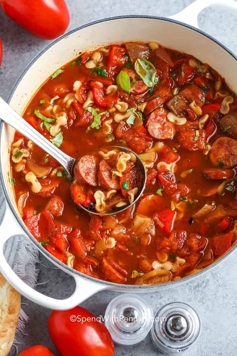 Kielbasa Soup - Spend With Pennies Turkey Kielbasa Recipes, Turkey Kielbasa, Sausage Spices, Kielbasa Soup, Kielbasa Recipes, Tamale Pie, Beef Barley, Beef Barley Soup, Roasted Tomato Soup