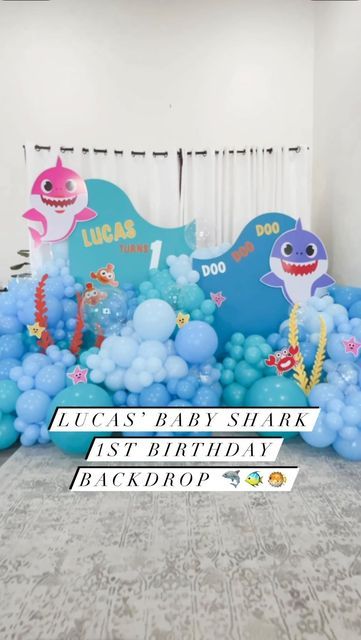 Baby Shark Backdrop Balloons, Baby Shark Balloon Garland, Baby Shark Backdrop, Baby Shark Birthday Party Boy, Event Backdrop Design, Shark Backdrop, Shark Balloon, Kids Party Planner, Shark Girl