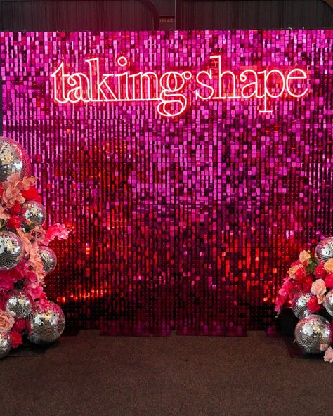 This personalised backdrop for @takingshapestyle is what dreams are made of 🤩 The combination of pink sequin, mirror balls, and vibrant florals is a match made in heaven and made for the perfect entrance feature! Venue @luminare.southmelbourne Neon Sign @sketchandetchcreative #pinkdisco #corporateevent #disco #florals #backdrop Disco Ball Backdrop, Mirrored Backdrop, Disco Backdrop, Pink Disco, Vibrant Florals, Neon Words, Disco Fever, Mirror Ball, A Match Made In Heaven