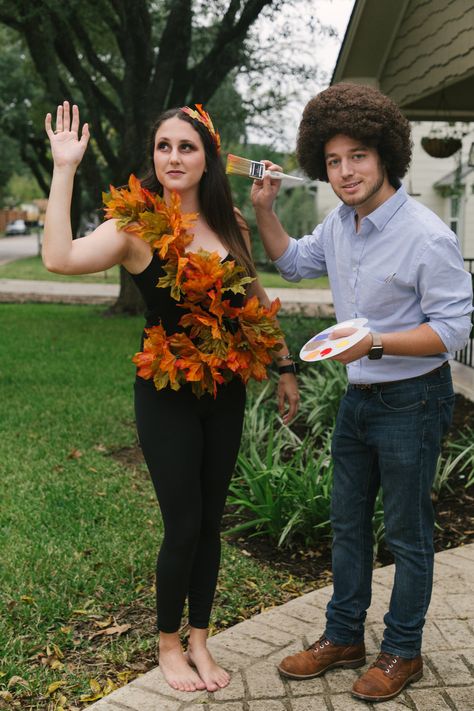 Bob Ross Couples Halloween Costume, Bob Ross And Tree Costume, Womens Tree Costume, Bob Ross Halloween Costume Couple, Bob Ross Happy Tree Costume, Bob Ross And Painting Costume, Bob Ross And Happy Tree Costume, Diy Tree Costume Women, Happy Little Tree Costume