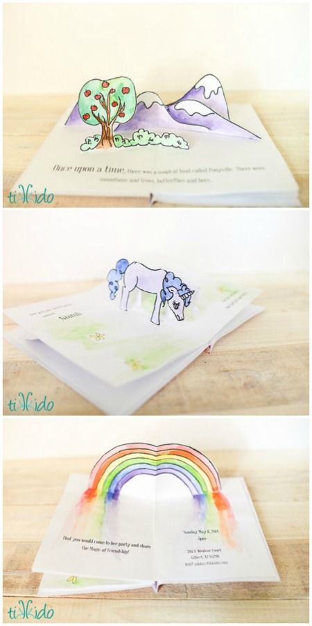 Learn a few extremely basic techniques for making pop up books and cards, and how to adapt them to make this My Little Pony pop up birthday invitation. My Little Pony Invitations, Pop Up Books, Diy Pop Up Book, Arte Pop Up, Libros Pop-up, Kids Pop, Paper Engineering, Pop Up Art, Paper Pop