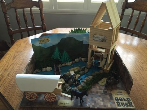 CA Gold Rush Diorama 4th Grade Grasslands Diorama School Projects, Gold Rush Projects 4th Grade, Grasslands Diorama, California Gold Rush Activities, Gold Rush Projects, Gold Rush Activities, Sonoran Desert Diorama, Plains Indians Diorama, Gold Rush Diorama