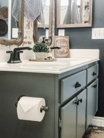 Guest Bath Makeover, Nuvo Cabinet Paint, Sage Paint, Master Bath Vanity, Bath Makeover, Cabinet Paint, One Room Challenge, Downstairs Bathroom, Room Challenge