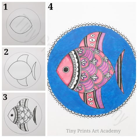 Easy fish Motif mithila Art for kids,step by step tutorial pictorial Fish Motif Design, Gond Art Easy, Madhubani Tutorial, Madhubani Fish, Madhubani Paintings Peacock, Mithila Art, Gond Art, Hand Art Kids, Madhubani Paintings